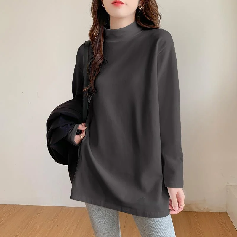 Dames los lang Sve Fce-gevoerd T-shirt f-hoge kraag Base irt herfst winter verdikte polyester casual top