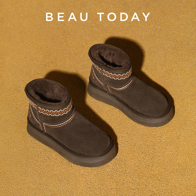 

BEAUTODAY Snow Boots Women Cow Suede Leather Solid Color Embroidery Round Toe Platform Slip-On Furry Ladies Shoes Handmade 08090