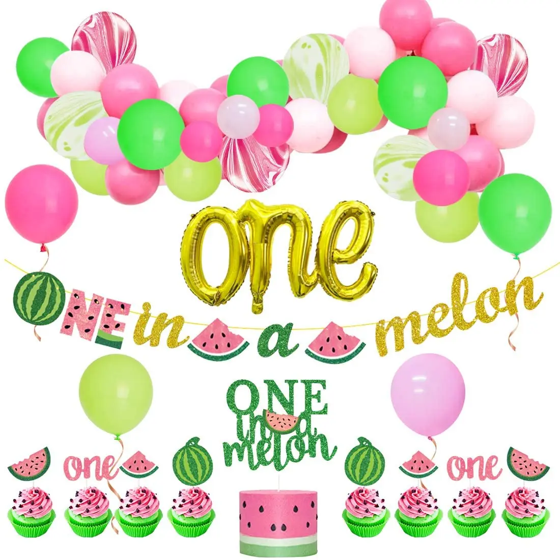 

JOYMEMO-Watermelon Balloon for Girl, Party Decoration Supplies, One in a Melon Banner, 1st Birthday Party