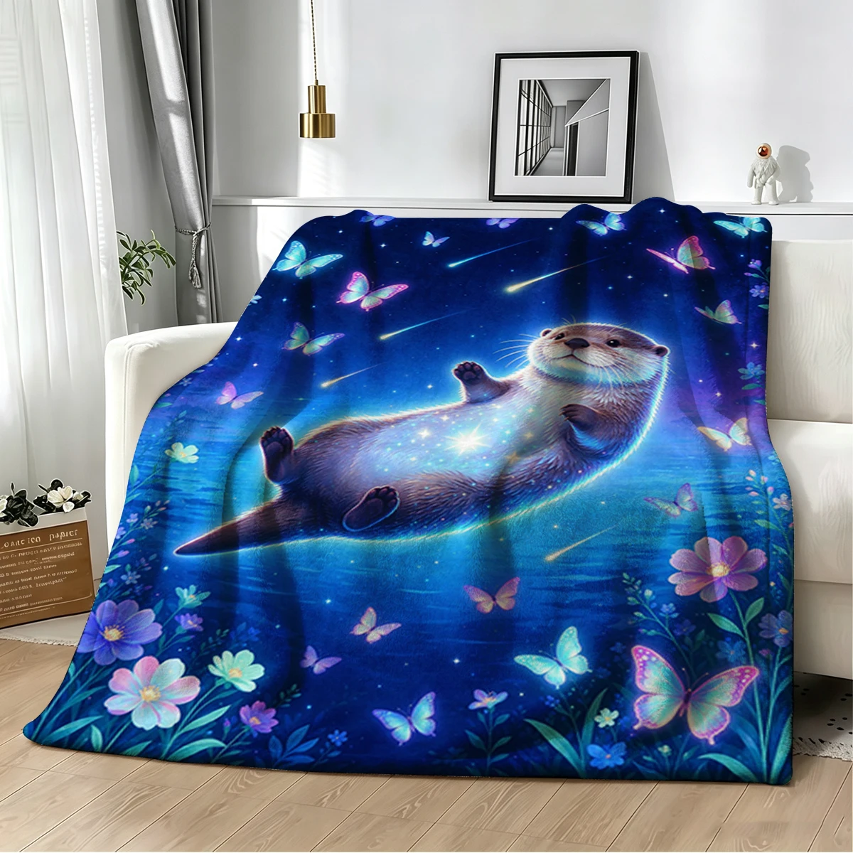 Otter Floating Halo Neon Flannel Blanket Warm Soft Halloween Christmas Decorative Couch Warm Cozy All-Season Gift