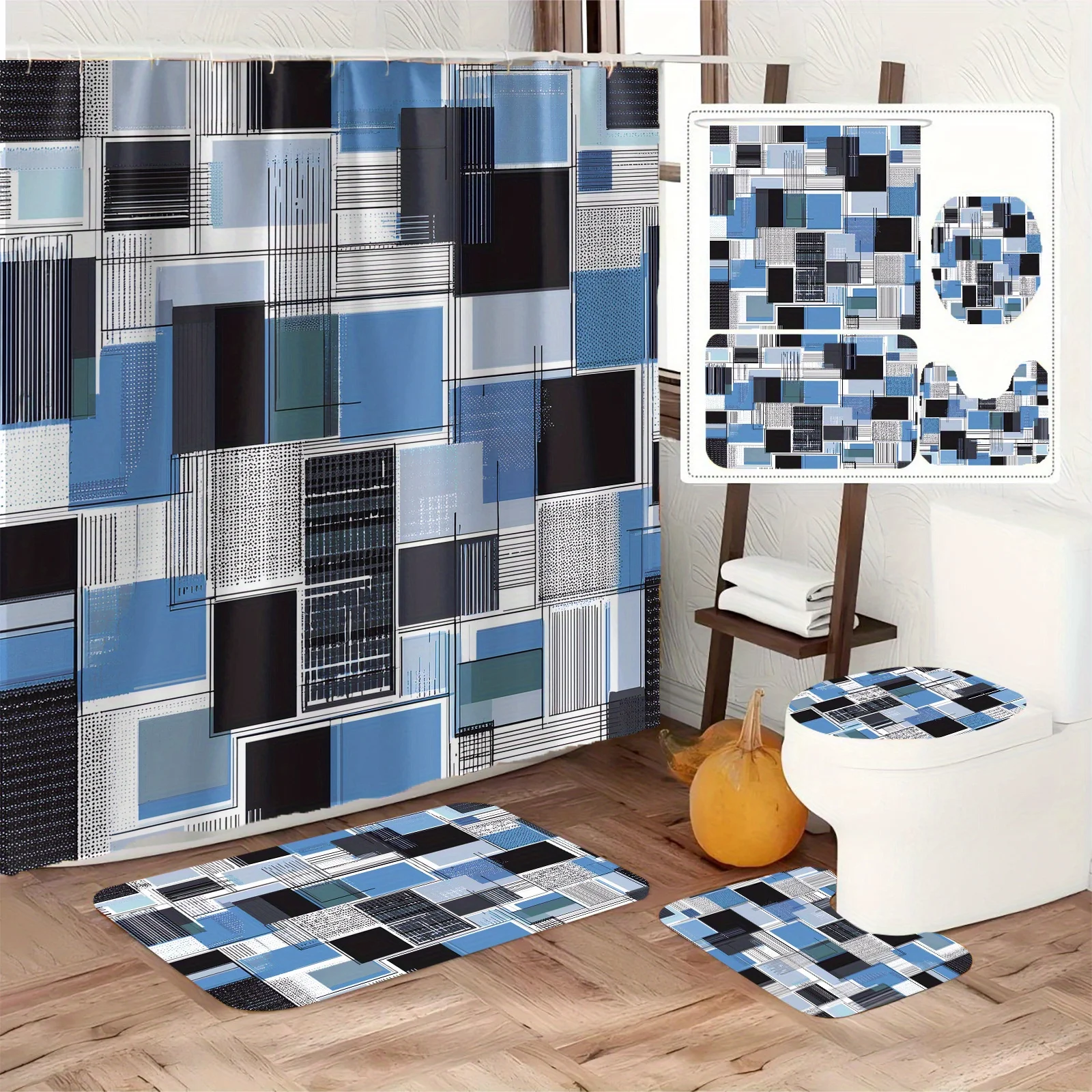 

Modern Geometric Blue Bathroom 4-Piece Set: Shower Curtain, Bath Mat, Toilet Cover, Tank Cover – Stylish and Contemporary Decor