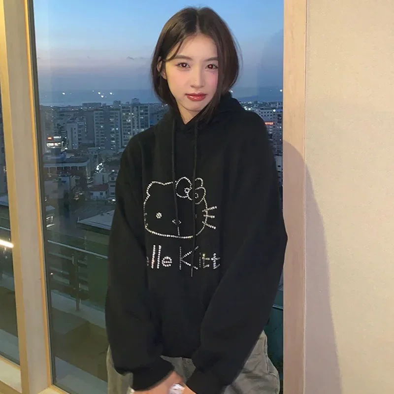 Sanrioed Hello Kittys Rhinestone Hooded Sweatshirt Women Autumn Winter Y2K Harajuku Couple Lazy Tops Loose Pullover Trend Hoodie