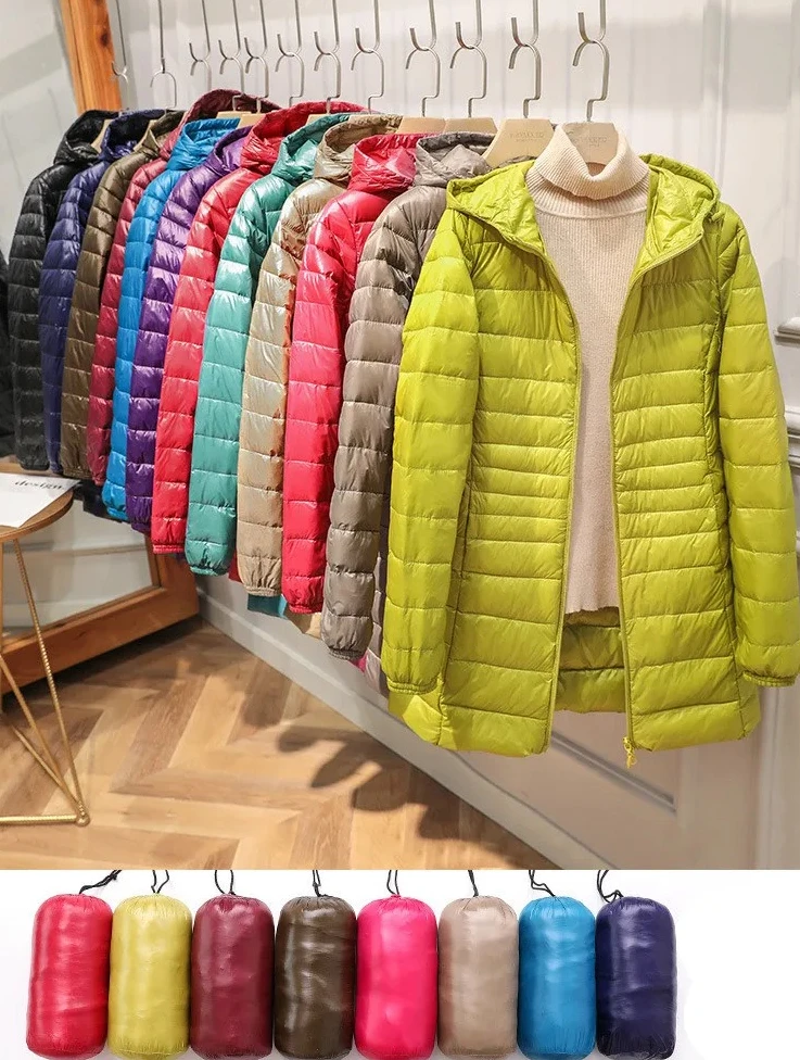 収納バッグ付きレディースヒップ丈軽量ダウンコート - ロングウォームダウンジャケット、ポータブルハイストリートレディースオーバーコート