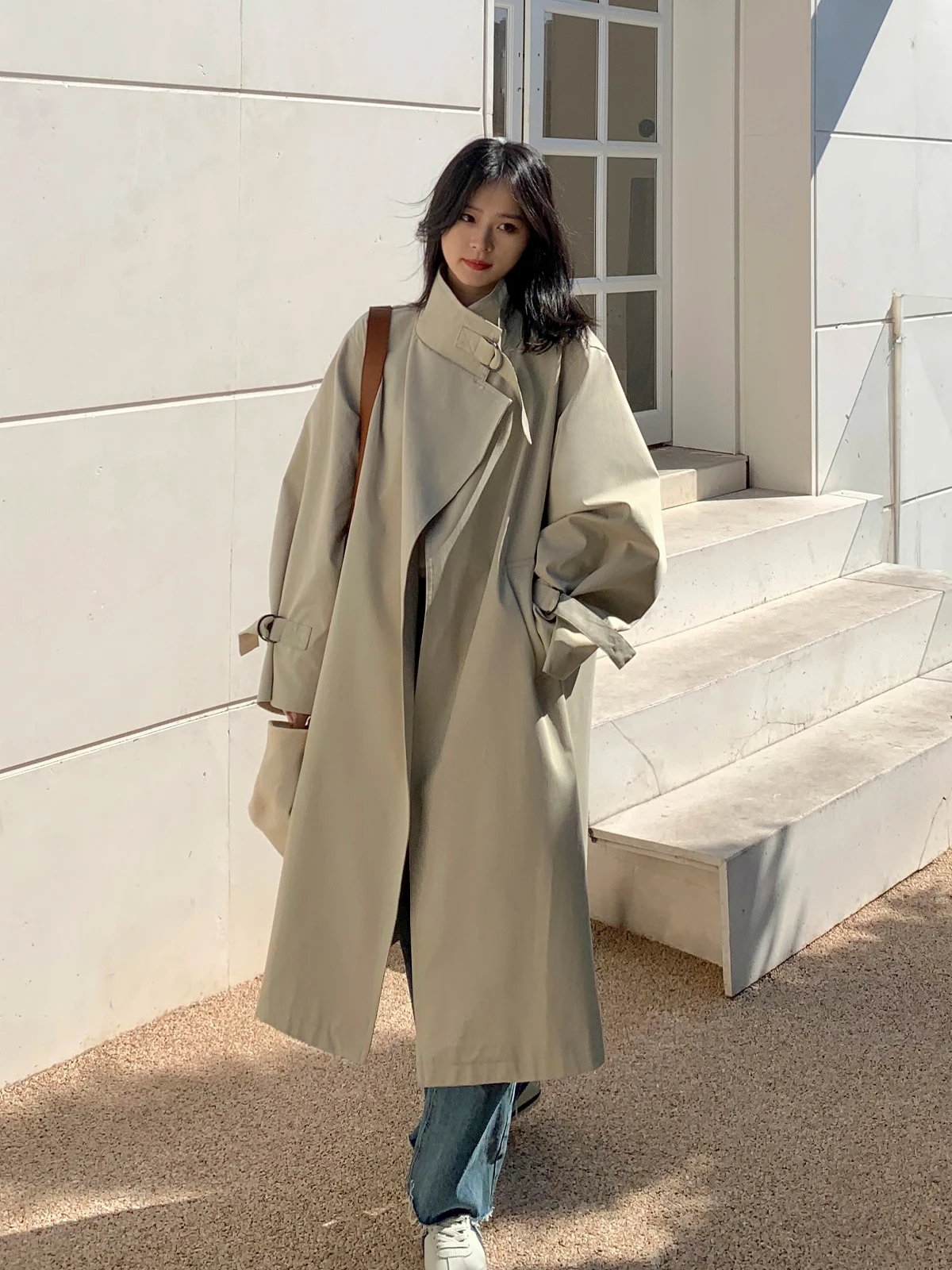 

Briti Sle Women's Long over Knee Coat Casual Straight Cut Polyester Long Sve Stand Collar Loose Fit mid Length