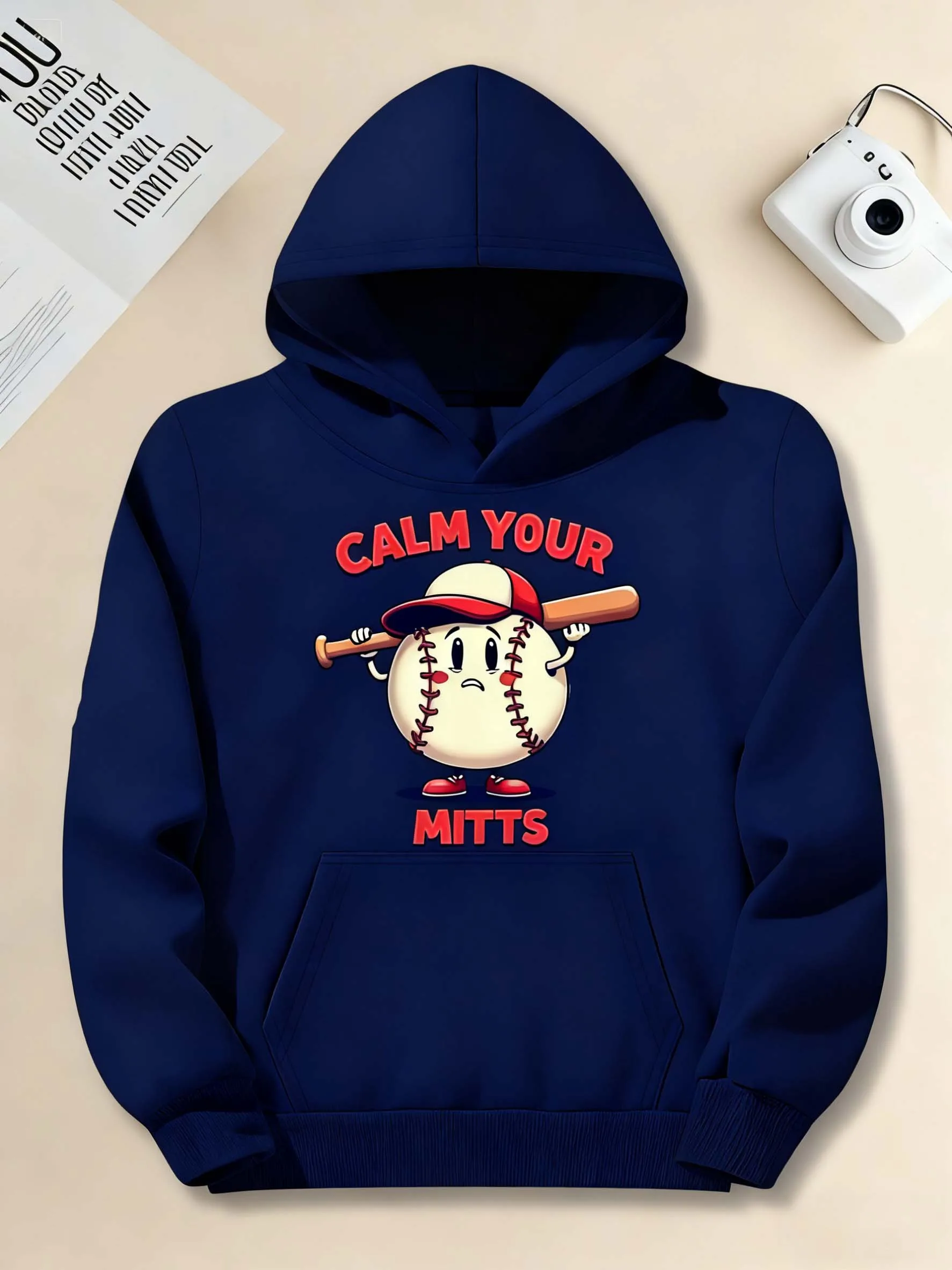 هوديي بنمط البيسبول للرجال - طباعة كرتونية مع كلمات حمراء، ملابس رياضية كاجوال مناسبة لعشاق البيسبول