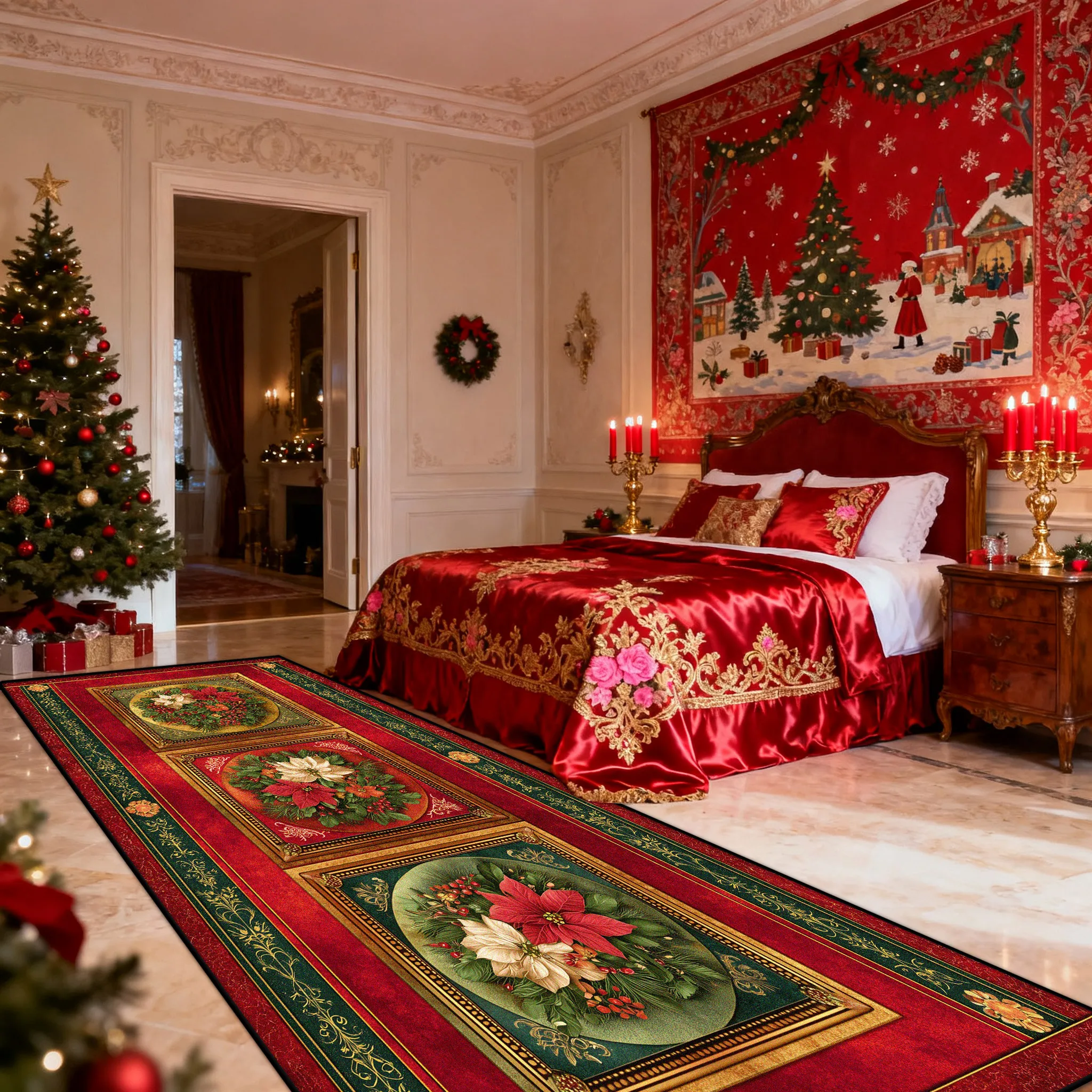 Red Green Christma Style Long Runners Carpet Bedroom Bed End Decoration Non-slip Rugs Christmas Tree Gift Box Corridor Floor Mat