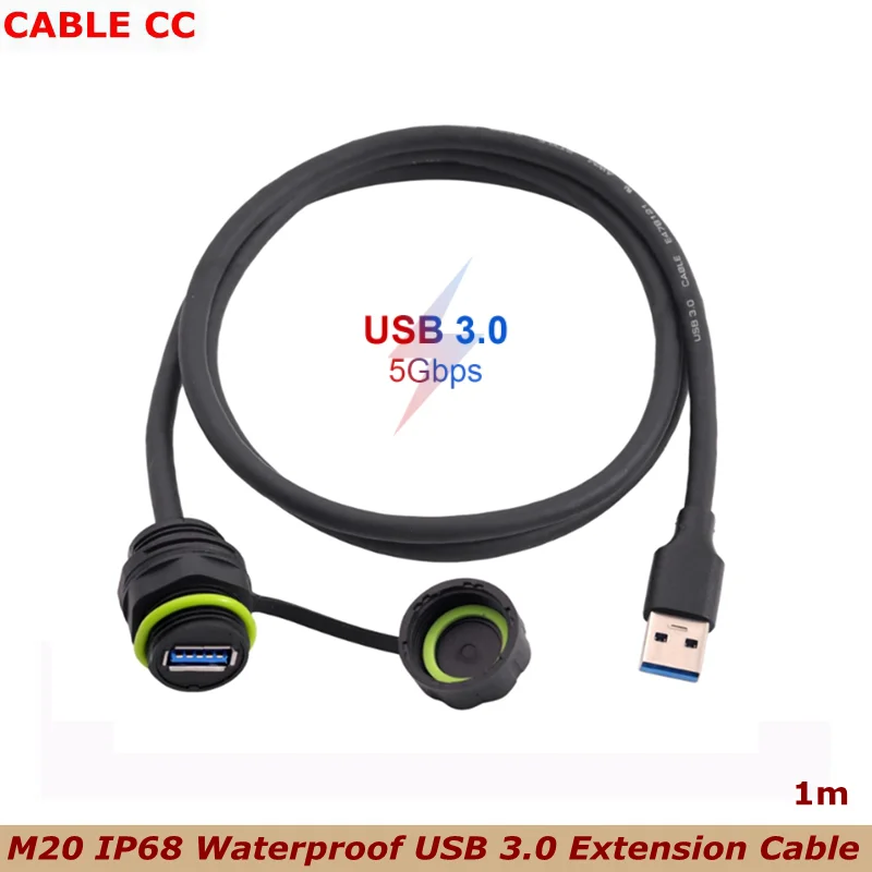 Câble d'extension USB 3.0 mâle-femelle de 1 m, montage encastré, étanche IP68 pour extérieur, adaptateur de câble USB fileté, 5,0 Gbps