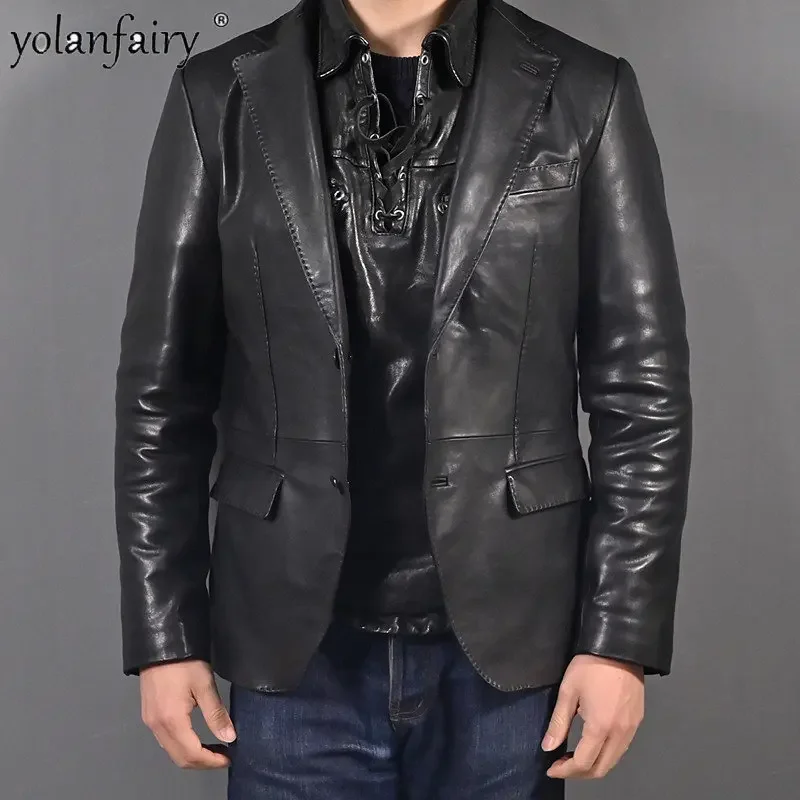 YOLANFAIRY Genuine Leather Jacket Men Slim Water Dyed Vegetable Tanned Sheepskin Coat Man Casual Leather Suit Men Leather Jacket