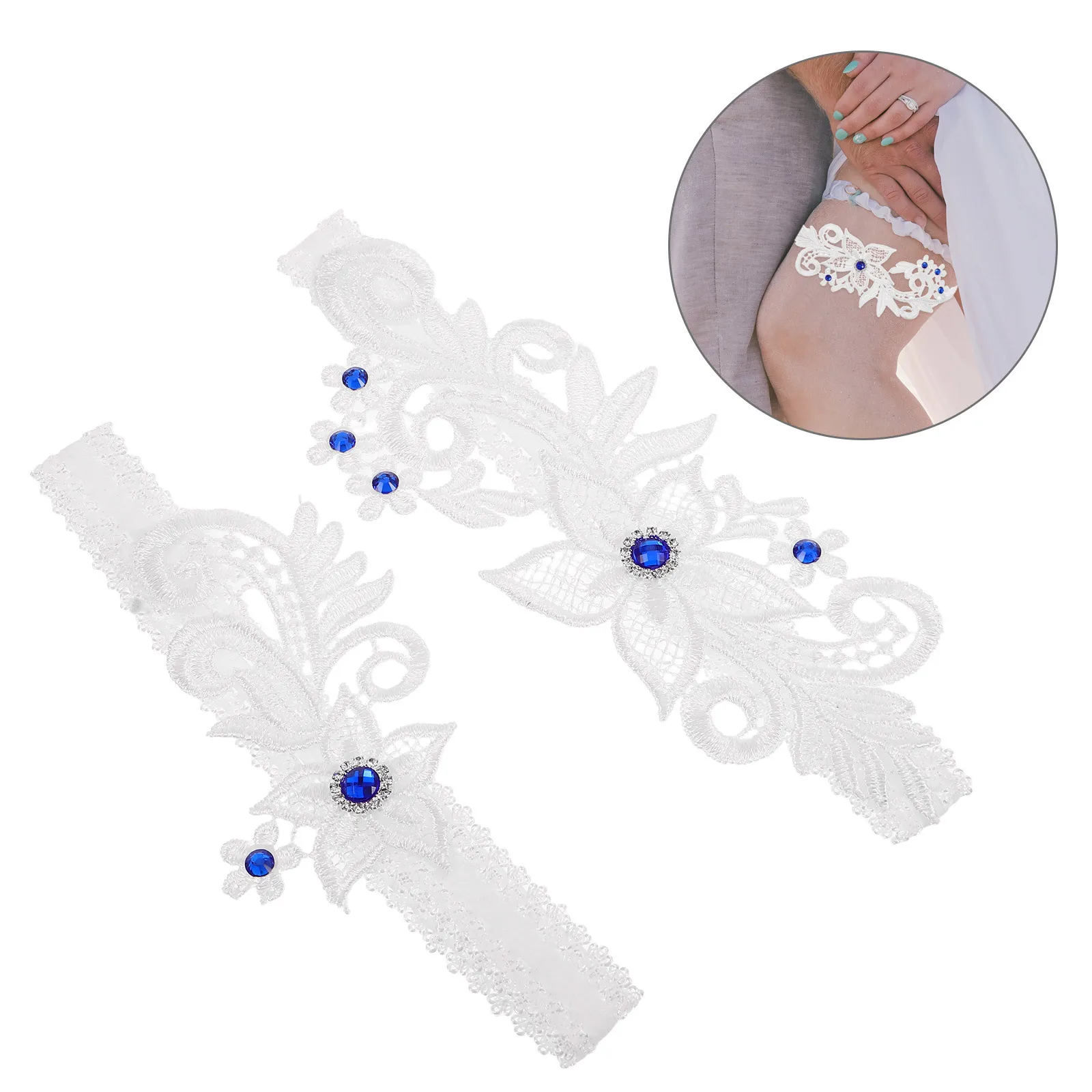 

2Pcs White Lace Bridal Garter Set Adjustable Stretchy Wedding Garters with Blue Rhinestone Detail Leg Band for Bride