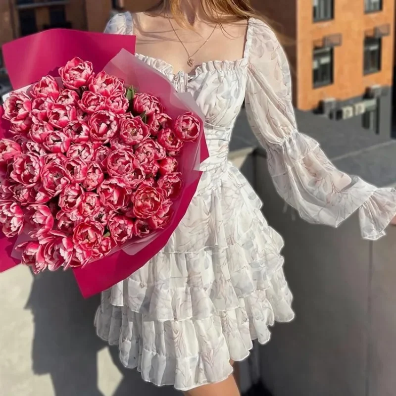 Camada plissado hem uma linha festa curto mini vestido elegante feminino lanterna manga longa envoltório gravata volta vestido de pescoço quadrado