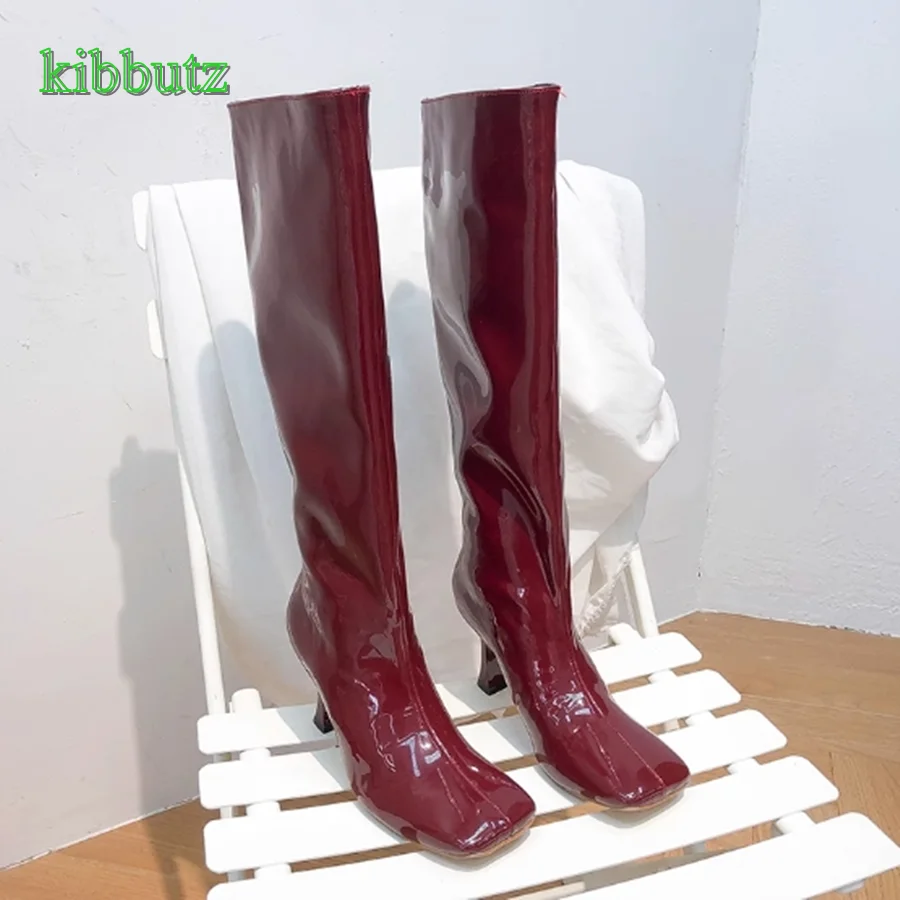 

Retro Red Patent Leather Boots for Women,Flat Toe Tapered Knee High Boots Women Shoes Straight Boots2023 New Zapatos Para Mujere