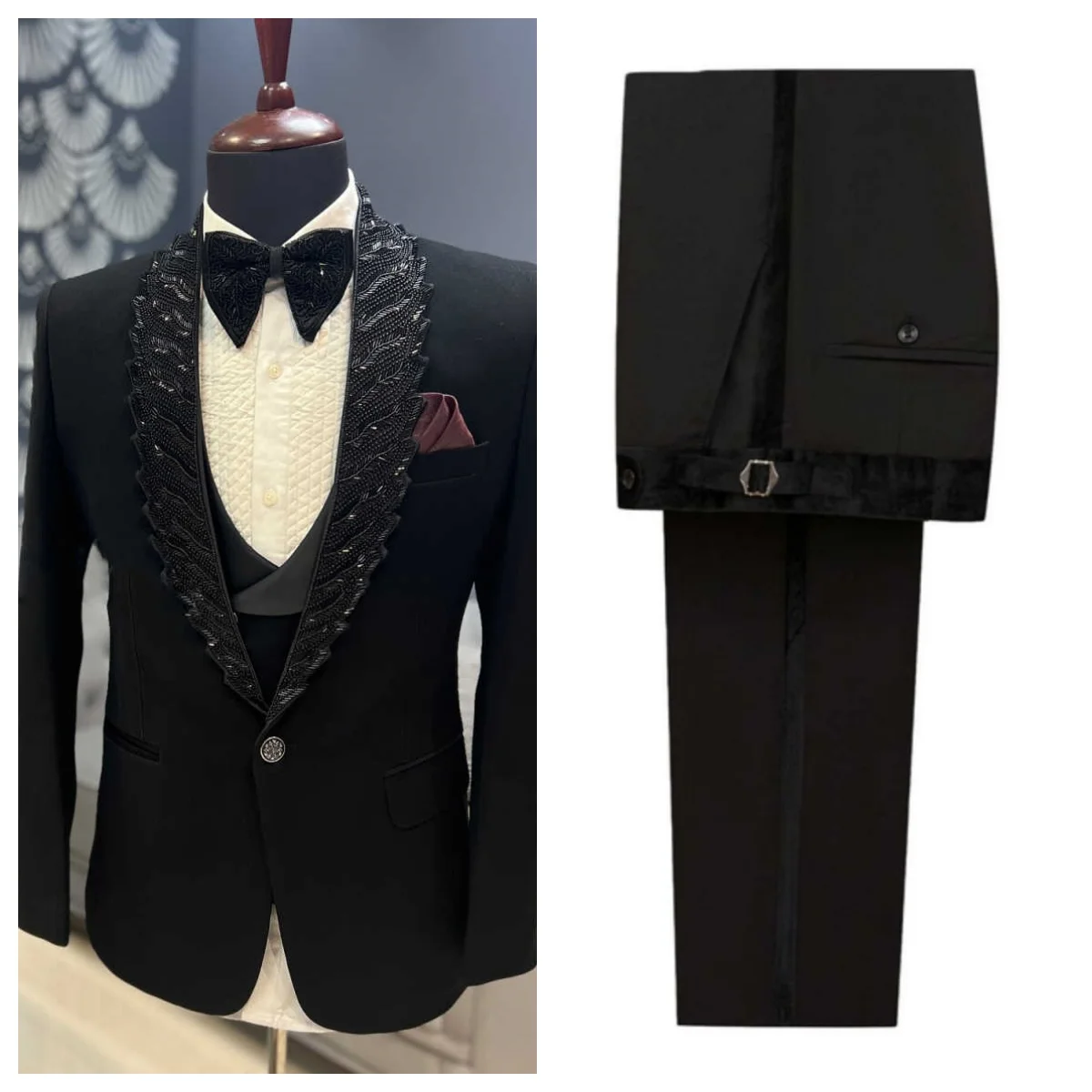 

Fashion Men's Groom Wedding Tuxedos Shawl Lapel One Button Pant Sets Beadeds Classic Fit 3 Pieces Customized Outfits