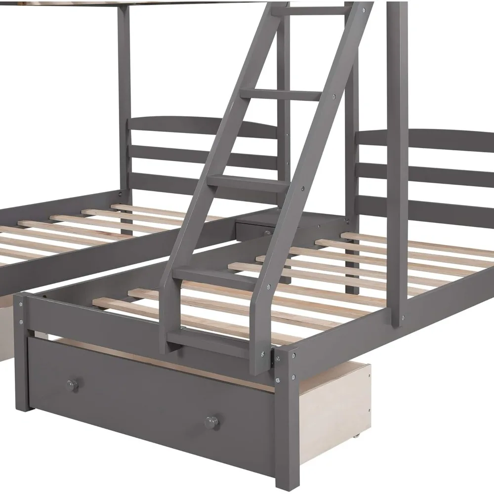 Bed Bases,Bunk Bed Full Over 2 Twin  3 Drawers and Guardrails,Teens,Bed Bases