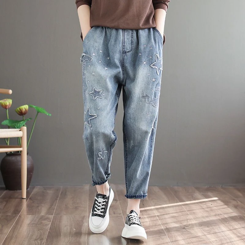 2024 Fashion Patch Embroidery Denim Pants For Women Spring Autumn Casual Loose High Elastic Waist Vintage Distressed Female Jean