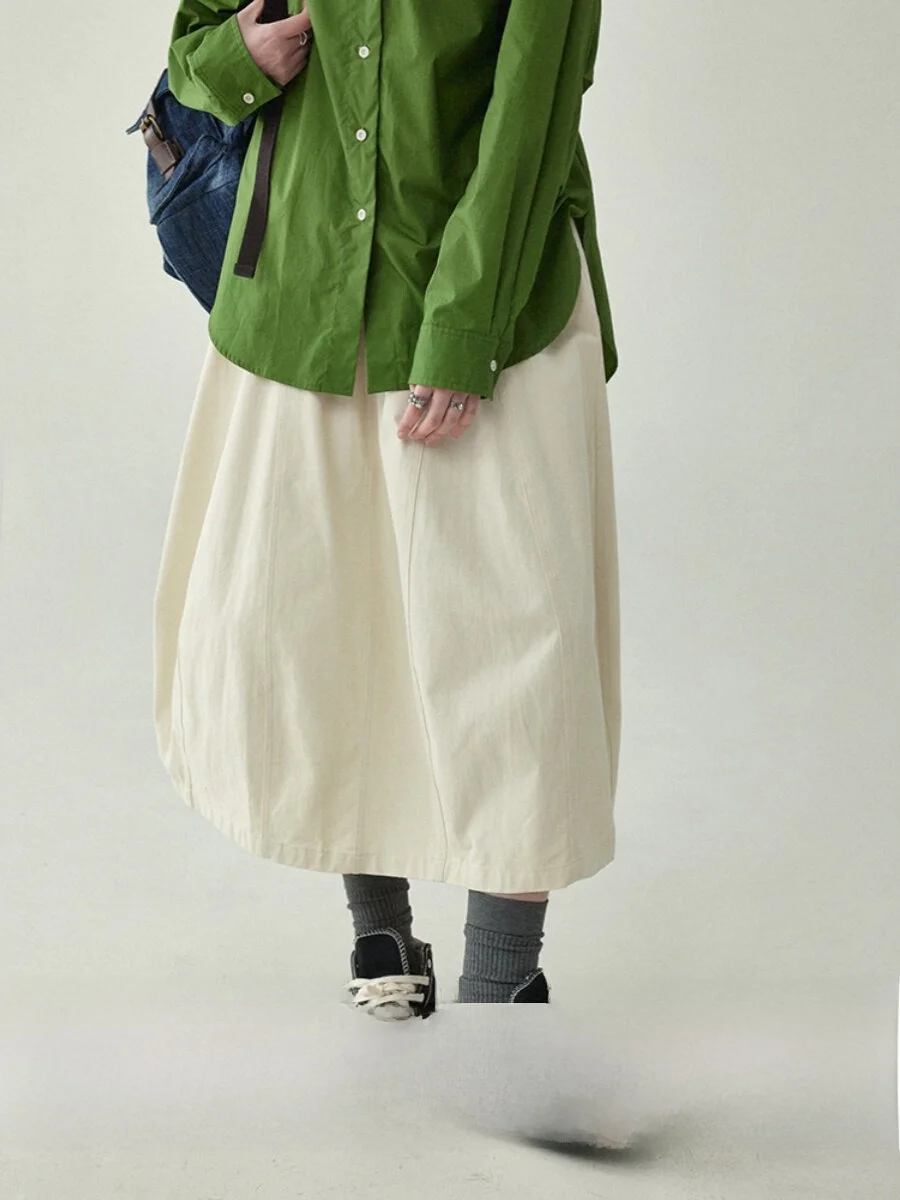 AMUU North Island Elastic Waist Slimming Beige Umbrella Skirt A-Line Workwear Skirt Women's Spring Summer New Style Casual Pu...