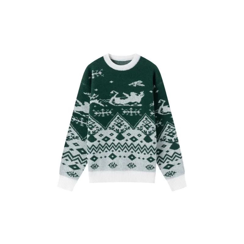 

Sweater Christmas Style Loose Round Neck Green Sweater Men's Geometric Pattern Pullover Top