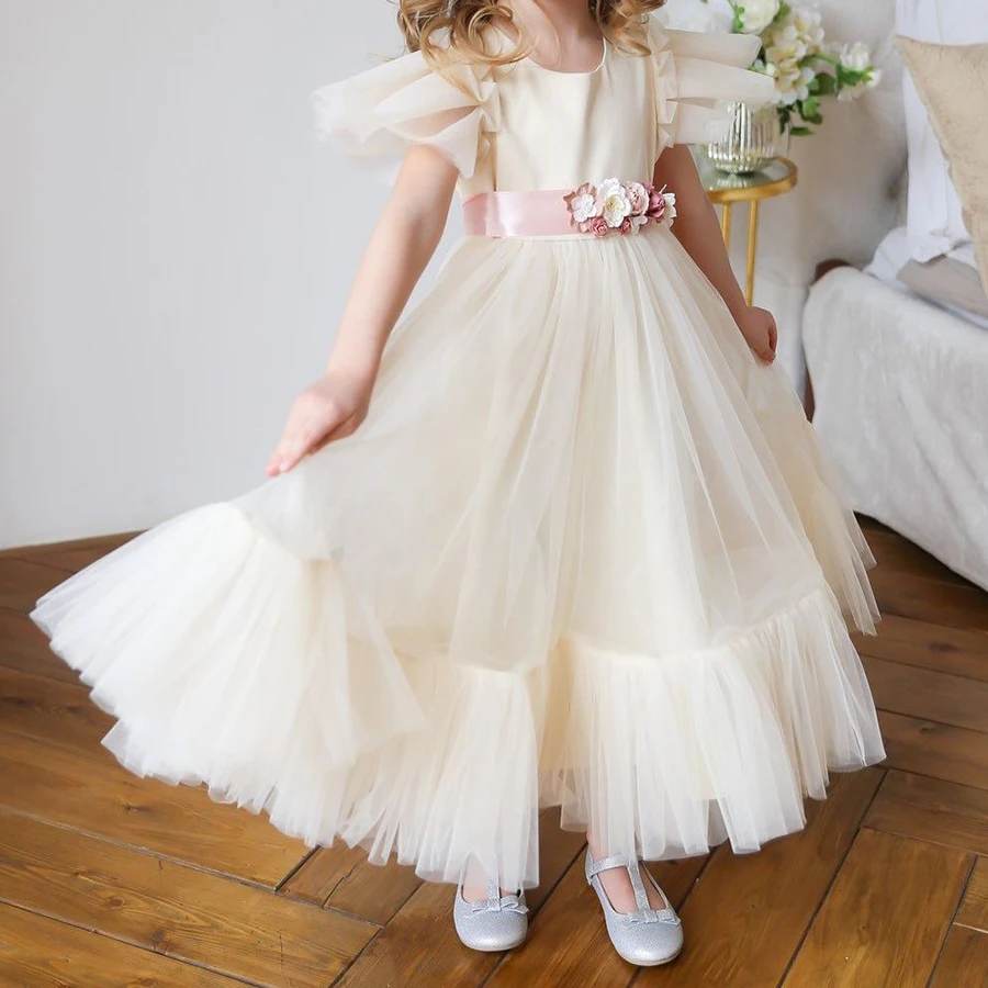 

Flower Girl Dress Kids Princess Frilly Sleeveless Waist Imitation Flower Tea Length A-Line Wedding Tulle Dance Beach Prom Dres