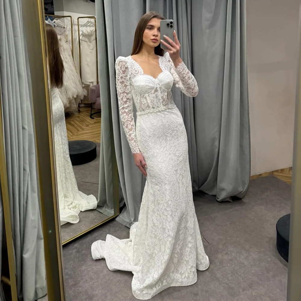 

Customized Lace Long Sleeve Mermaid Wedding Dress For Bride Romantic Sweetheart Neck Trumpet Bridal Dress With Court Train
