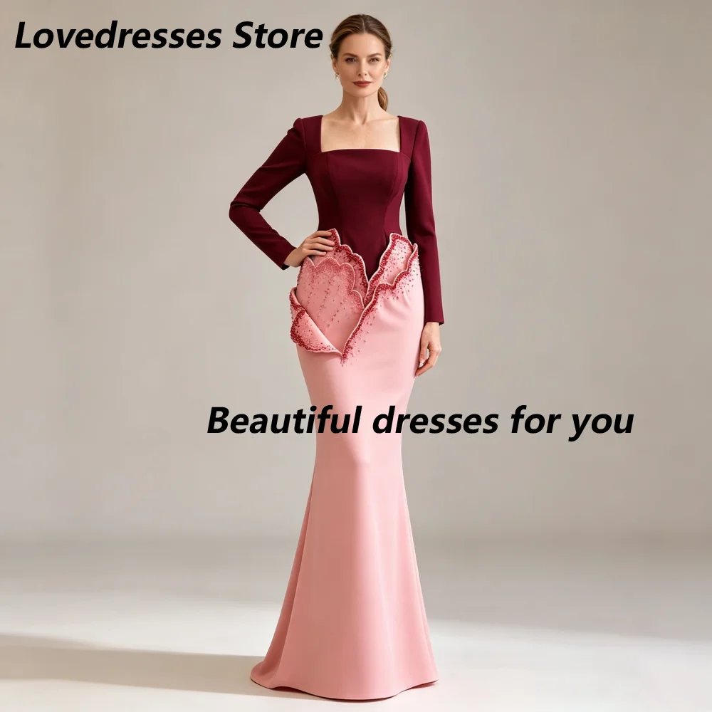 Maßgeschneiderte zweifarbige Kleider für die Brautmutter mit eckigem Ausschnitt und langen Ärmeln, Meerjungfrauen-Abendkleid, 3D-Blumenperlen-Crêpe-Hochzeitskleid