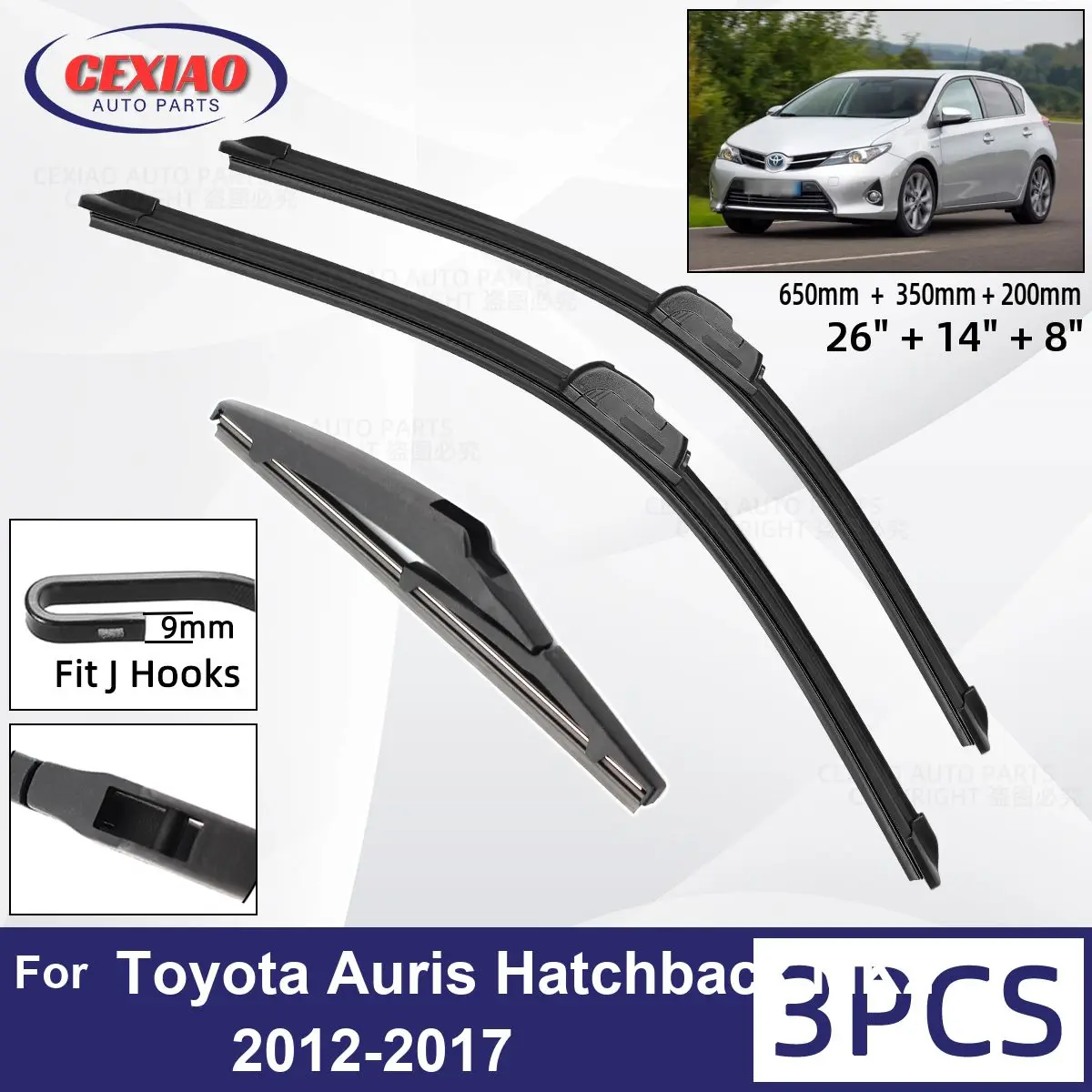 

For Toyota Auris Hatchback MK2 2012-2017 Car Front Rear Wiper Blades Soft Rubber Windscreen Wipers Auto Windshield 26"+14"+8"