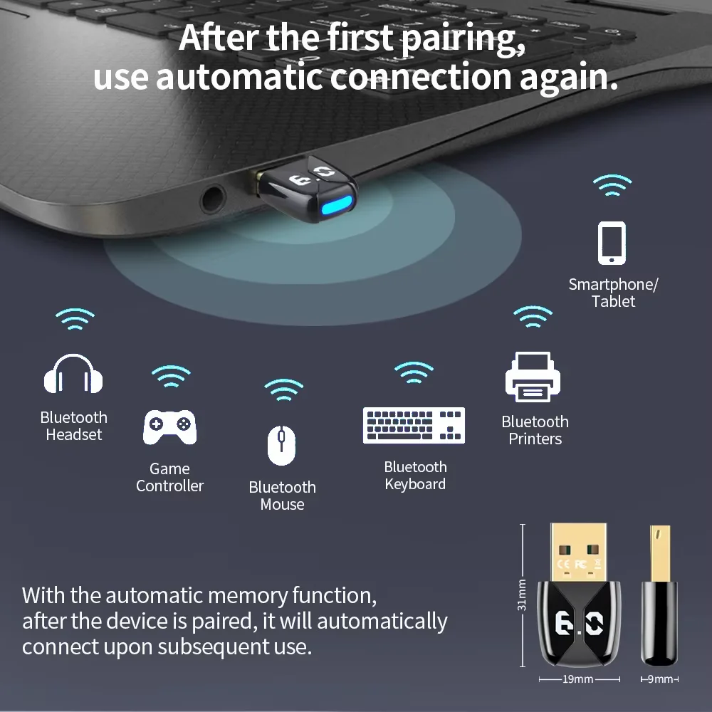 USB Bluetooth 6.0 Adapter Transmitter Bluetooth Receiver Audio Bluetooth Dongle Wireless USB Adapter for Computer PC Laptop