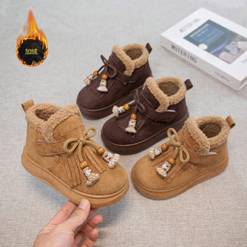 Little Boys Girls Cozy Fleece Lined Warm Ankle Snow Boots Kids Winter Lace-Up Fringe Tassel Booties Rubber Sole Outdoor Boots