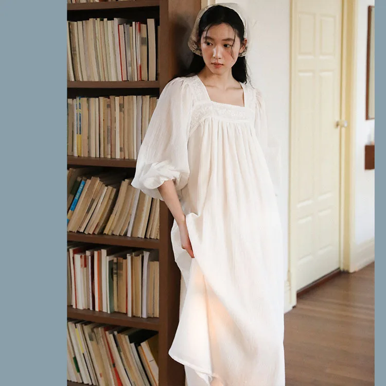 2026 New Women 100% Pure Cotton Embroidered Long Loose White Nightgown French Fairy Court Retro Princess Nightdress Loungewear