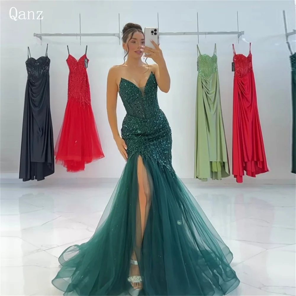 

Qanz Sparkle Green Evening Dresses Tulle Sweetheart High Slit Mermaid Vestido Festas Luxo Lace Up Back Dress Women Elegant Party