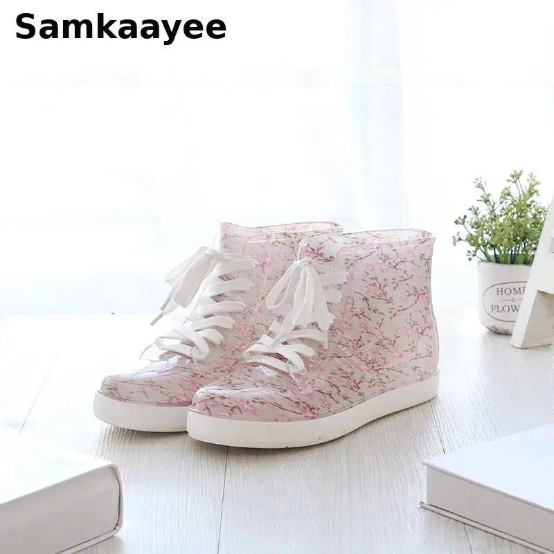 35-39 النساء احذية المطر السيدات Rainboots أحذية ماء الدانتيل متابعة المطاط لينة وحيد المضادة للانزلاق طباعة في الهواء الطلق انفصال أفخم Zapatos y2 #1