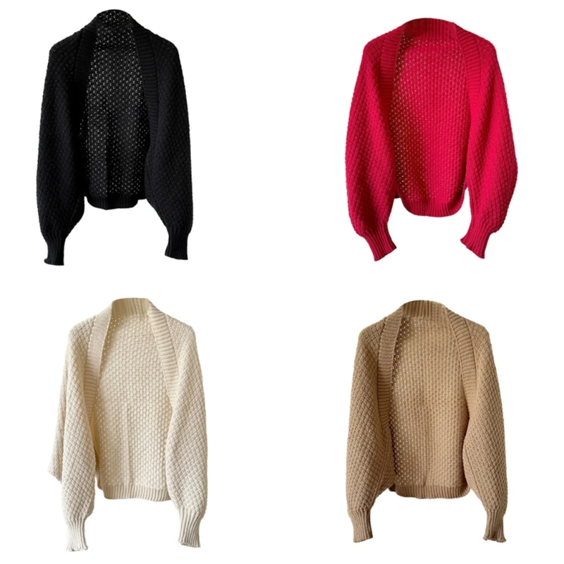 

Solid Color Hollow Knit Cardigan Women Sleeve Open Front Sweater Shrug N7YE