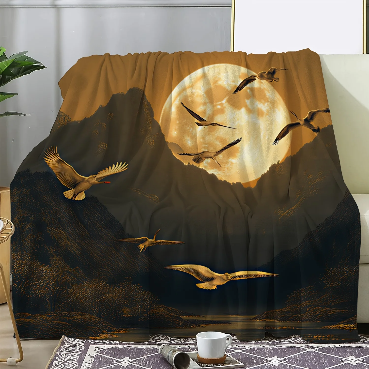 1pc Flannel Blanket, Landscape Art Print with Birds Soaring Under the Moonlight, Warm and Soft Throw for Sofa, Bed, Car, Office
