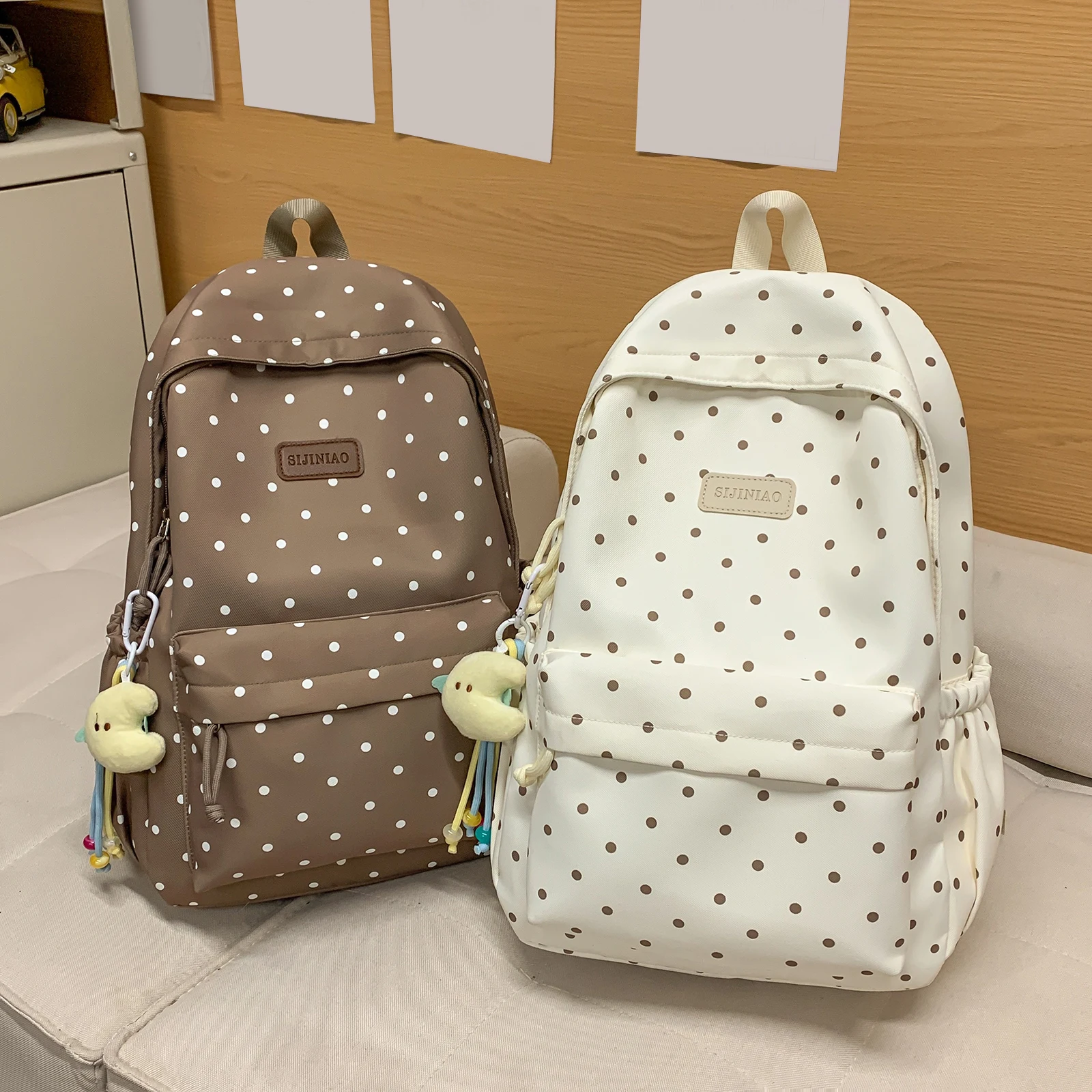 Cute Polka Dot Laptop Backpack with Pendent Lightweight for Female Elementary & Middle