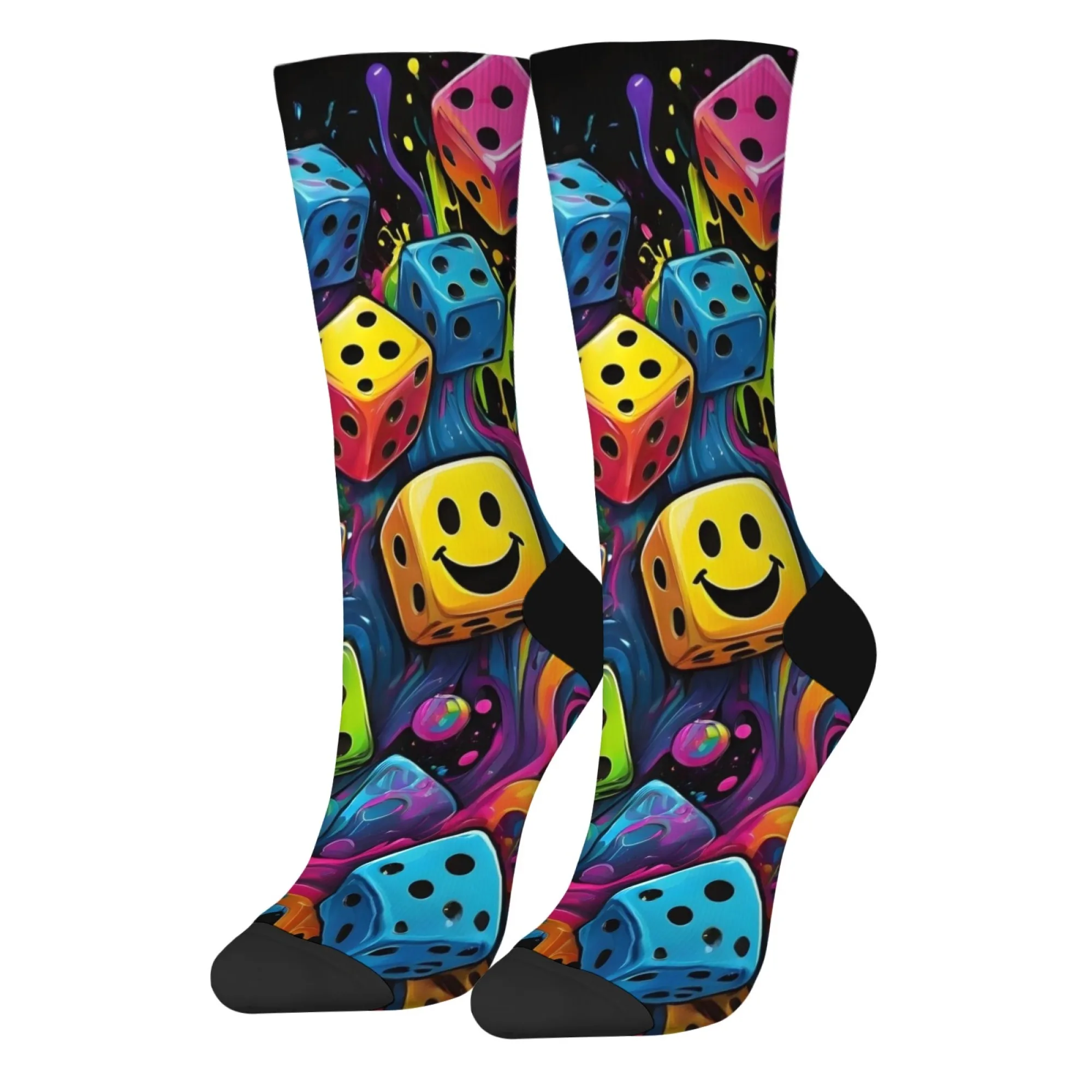 1 Paar Neuheits-Männer-Crew-Socken, Straße, Hip-Hop, glückliches Muster mit buntem Würfel-Aufdruck, lustige Socken, Freizeitkleidung, verspieltes Design