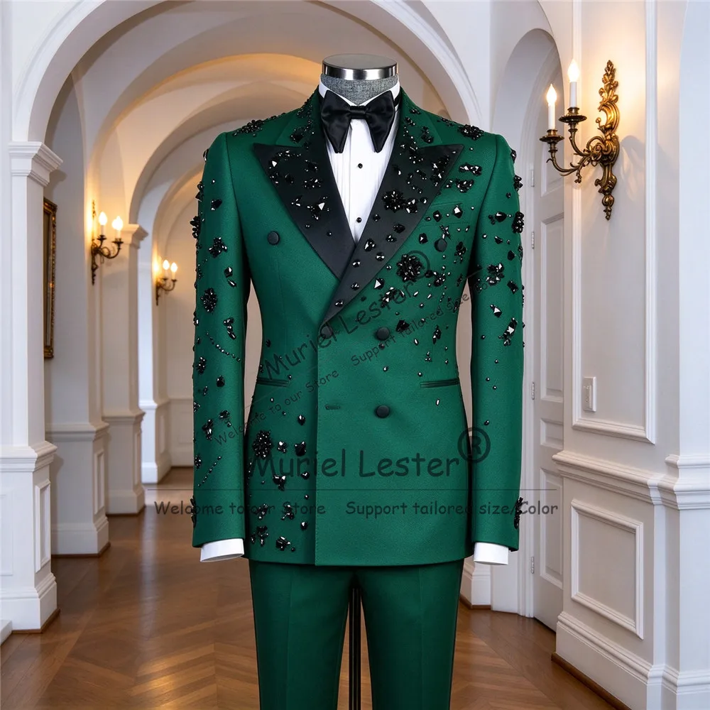 Hand Work Suits Men For Wedding Guest Black Stones Double Breasted Jacket Pants 2 Pieces Groom Dinner Party Tuxedo Male Clothing