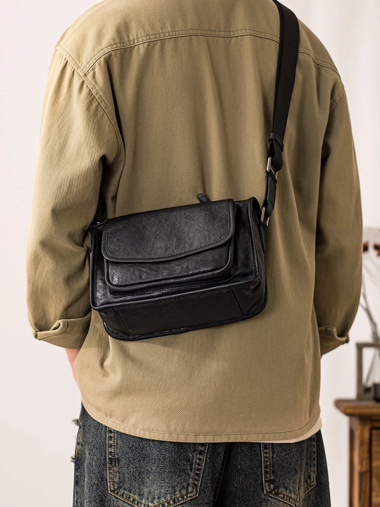 PNDME casual designer luxury first layer cowhide men's black crossbody bag outdoor travel handmade genuine leather shoulder bag