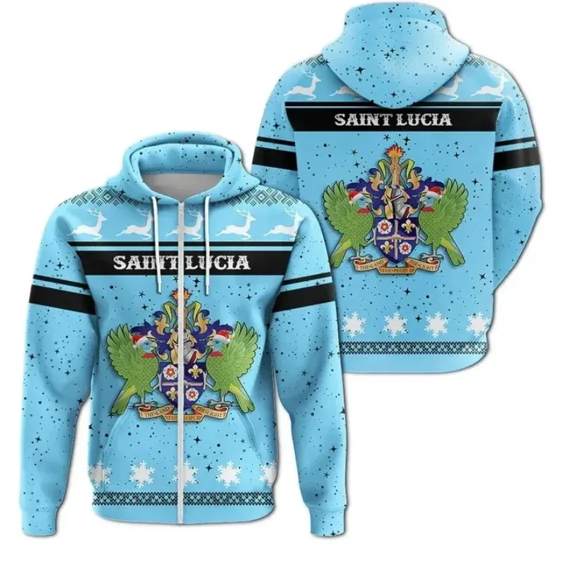 1 Piece Custom Your Picture Saint Lucia Flag Pattern Zip Hoodie For Men Women Spring Autumn Pullover Sweatshirt Mens Casual Plus
