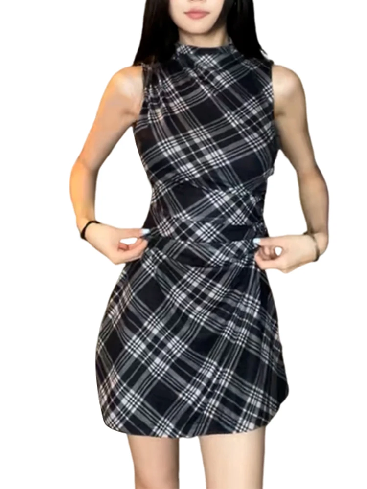 Summer New French Women Dress Fashion Street Tight Hip Woman Dress Black Plaid Ladies Sleeveless Dresses Female Chicly