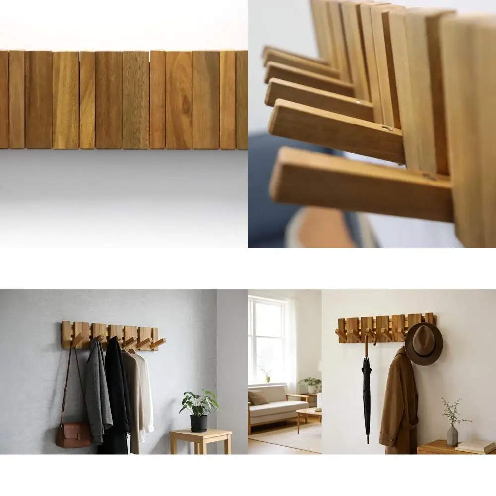

Acacia Wood Wall-Mounted Coat Rack with 6 Flip-Down Hooks, 22 Length, Heavy Duty
