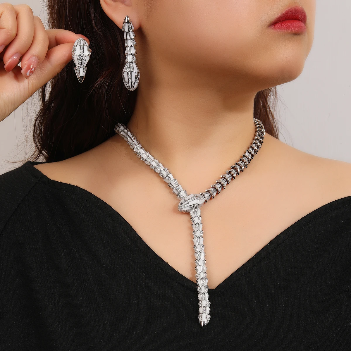 Elegant CZ Serpent Necklace Earrings Set, Hypoallergenic Cubic Zirconia Jewelry, Birthday Gift Luxury Fashion Set CN11426