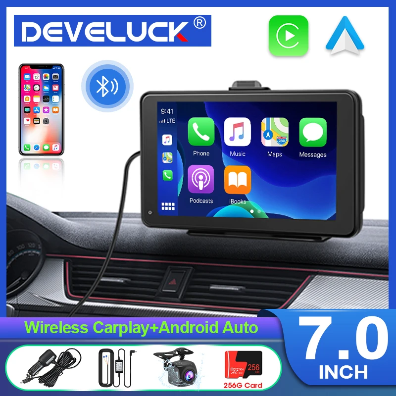 

Develuck Universal 7" Car Multimedia Video Player Carplay and Android Auto Portable Touch Screen FM AUX For Nissan Toyota VW BMW