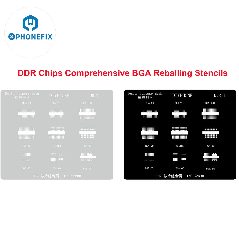 DIYPHONE DDR IC Comprehensive BGA Reballing Stencil 0.25mm for DDR BGA96/78/128/170/180/190/60/84 Memory Chips Soldering Mesh