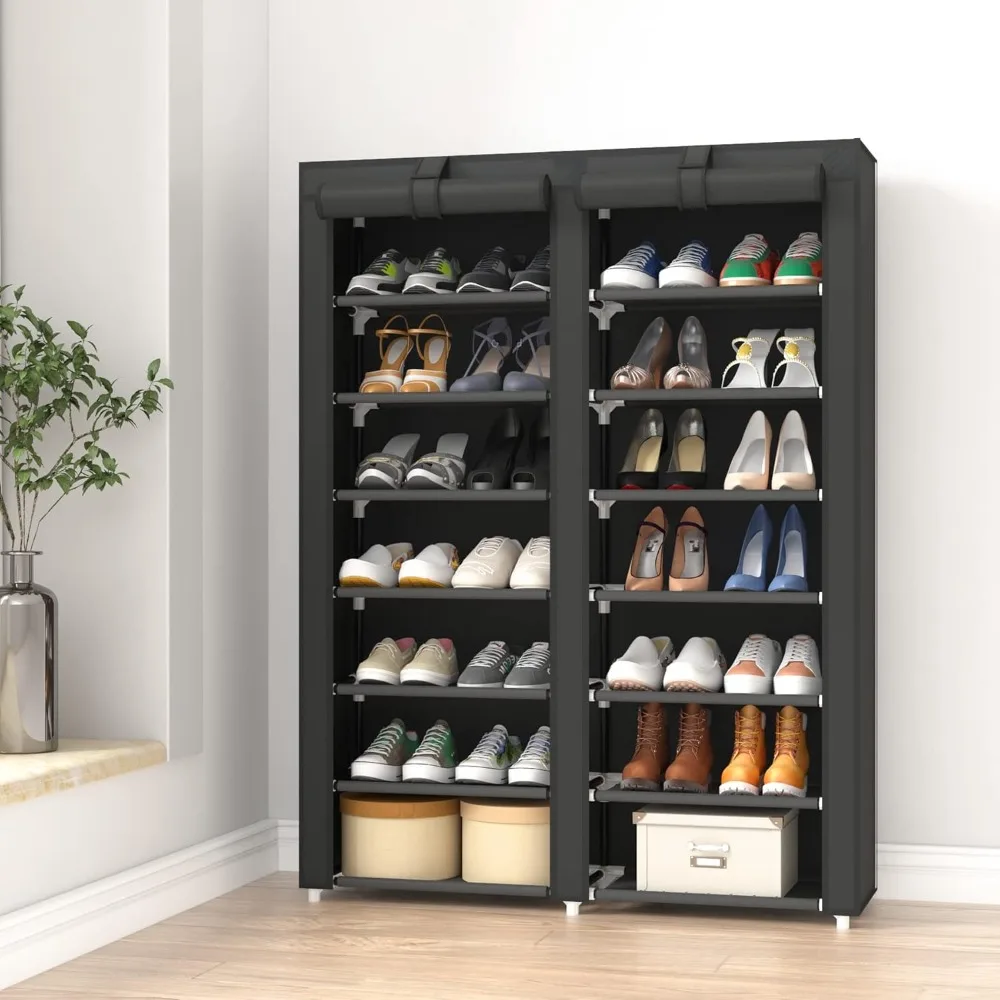 7-Tier Shoe Storage Organizer with Dustproof Cover - Closet Cabinet Shelf Holds up to 28 Pairs - for Doorway, Corridor, Balcony