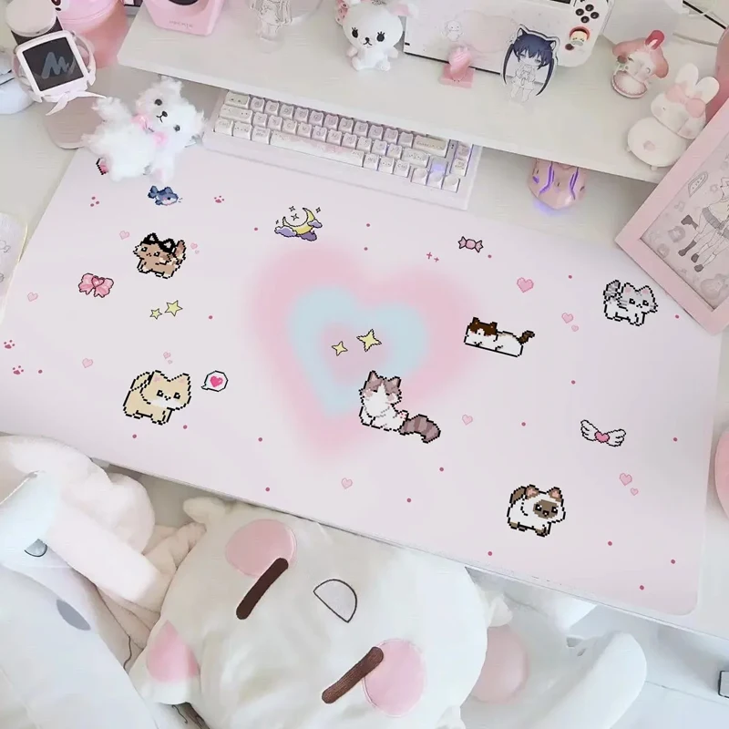 Pink Kawaii Cartoon Pixel Kitten PU Leather Mouse Pad Table Desktop Mat Office Gaming Computer Speed Type Carpet Keyboard Pad