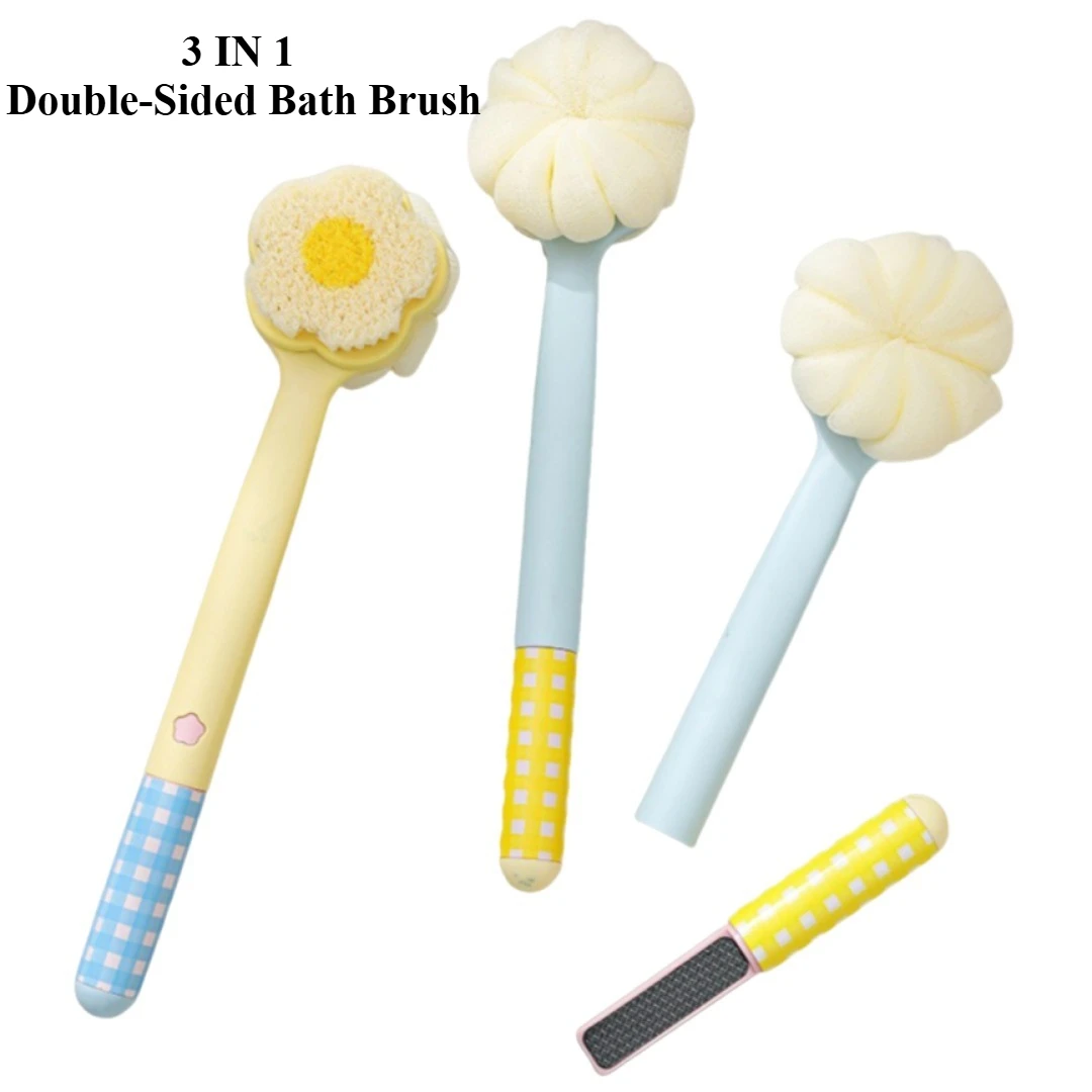 

3 в 1, мягкая скрубберная щетка для ванны, губка для душа, чистящая щетка с ручкой, отшелушивающий скраб, массажер для кожи, принадлежности для ванны