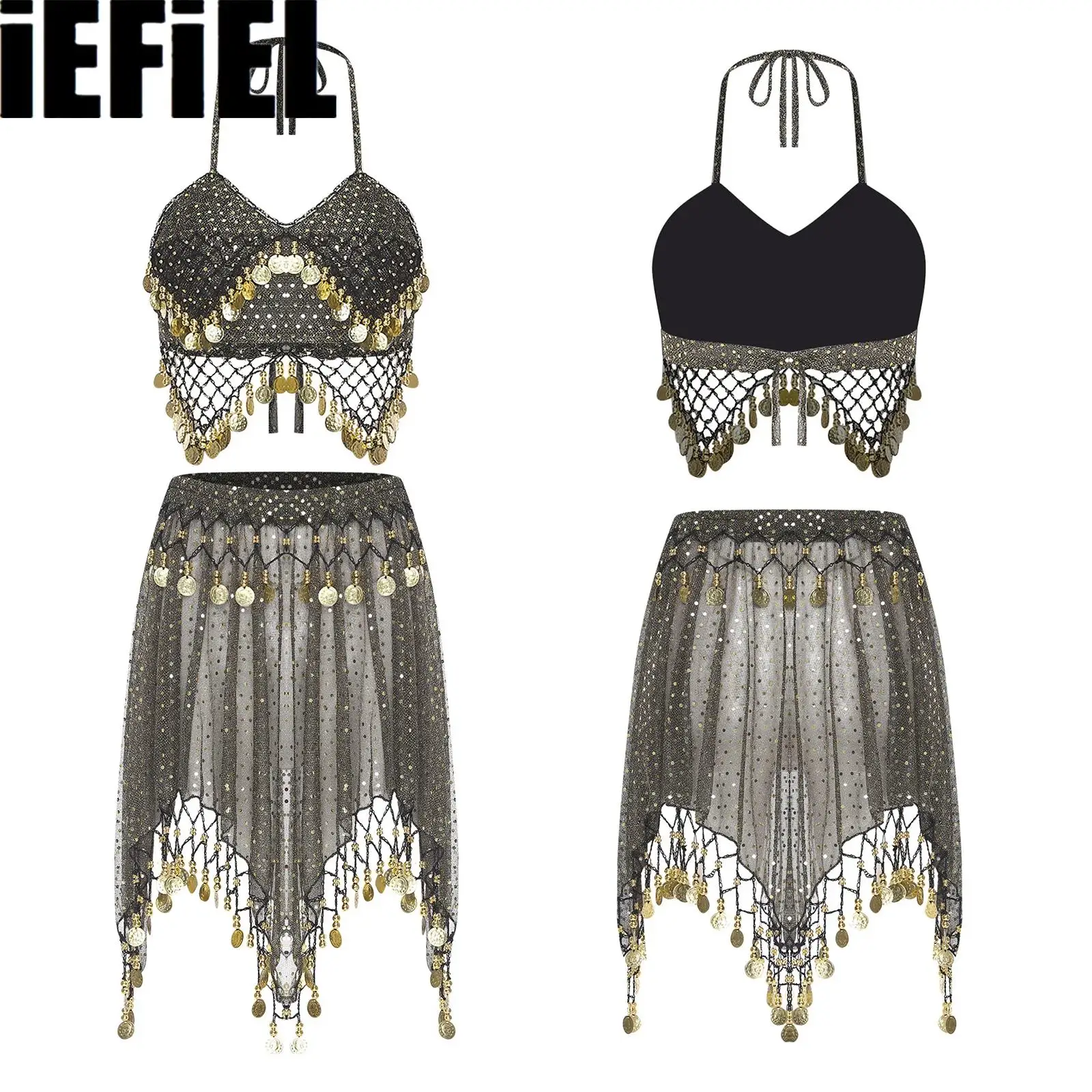 Womens Sequined Belly Outfits Crisp Sound Maker Tassel Sheer Mesh Lace-up Crop Top And Irregular Hem Skirt for Dancewear