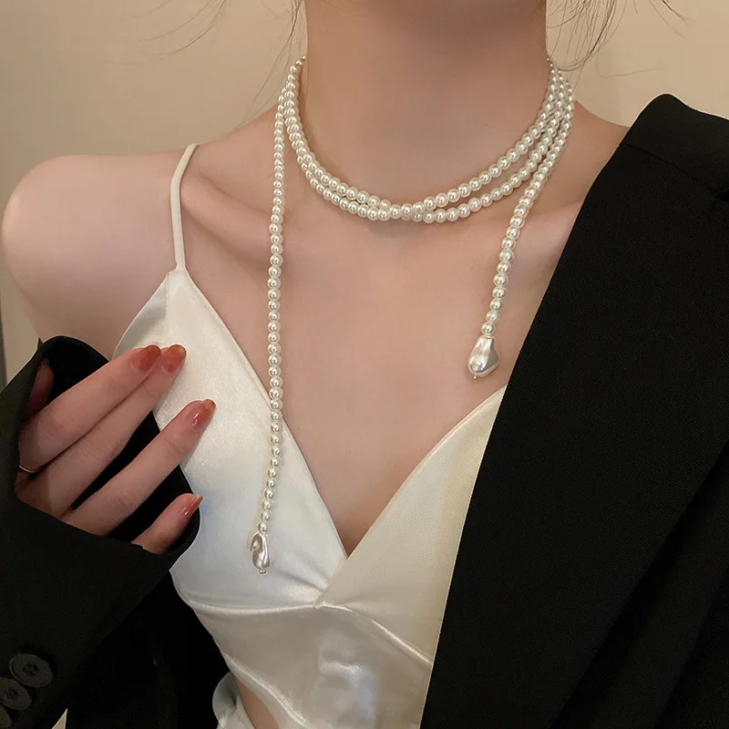 SRCOI French Retro Long Pearl Wrapped Necklace For Women Girls Gifts Wedding Party Choker Collar Fashion Jewelry 2022