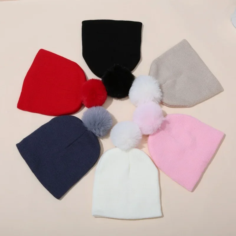 Winter Warm Big Pompom Baby Knitted Hat Cute Hairball Newborn Infant Boys Girls Hat Bonnet Solid Color Kids Cap Beanie 0-12M