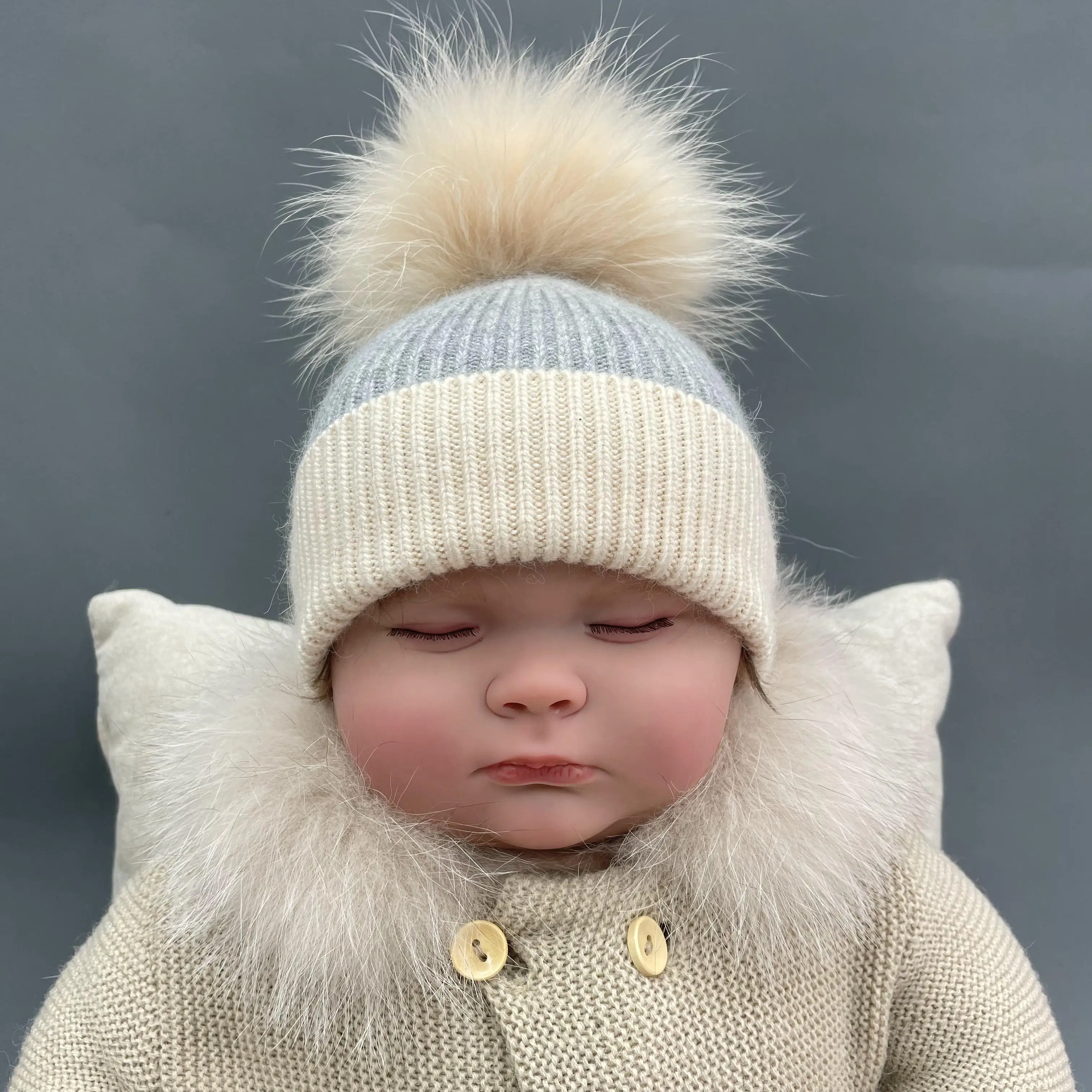 MISSJANEFUR Knitted Hats for Kids, Baby Angora Cashmere Cap for Girls and Boys, Real Fur Pom Pom Beanie, Home and Outdoor