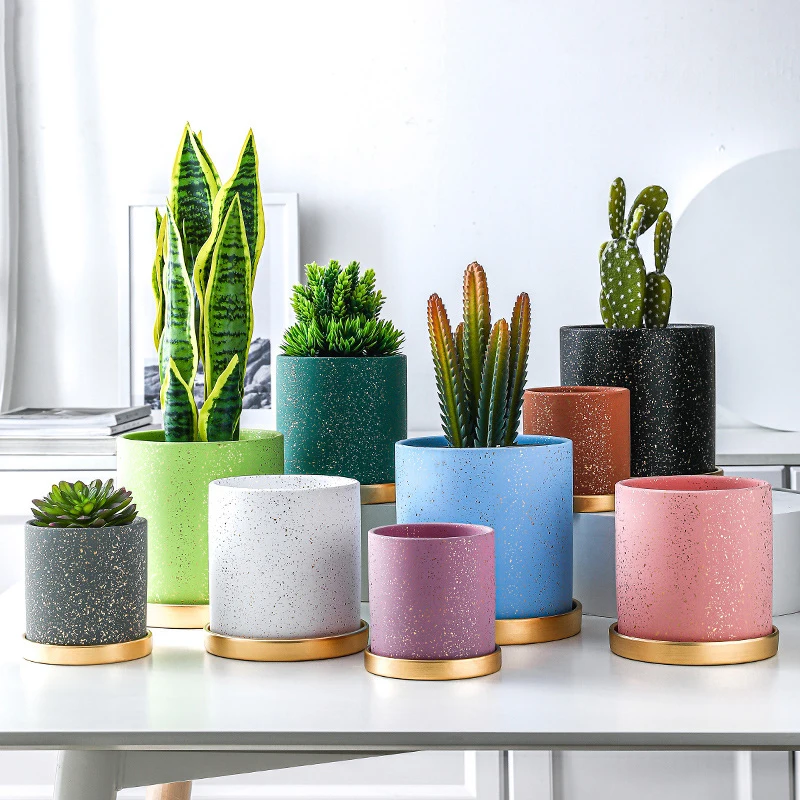 Nordic Ins Light Luxury Matte Ceramic Flower Pot With Tray Cylindrical Green Plant Potted Home Garden Decoration