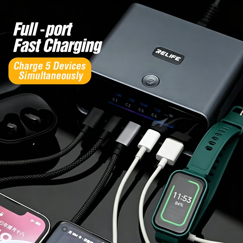RELIFE Q8 165W GaN Charger 5 Port USB C PD 140W PPS Fast Charging Station For Laptop Phone Watch Multiple Devices Intelligent